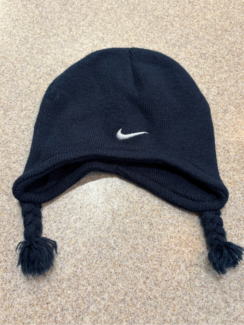 Nike Navy Earflap Knit Beanie hat with Braided Tassels infant